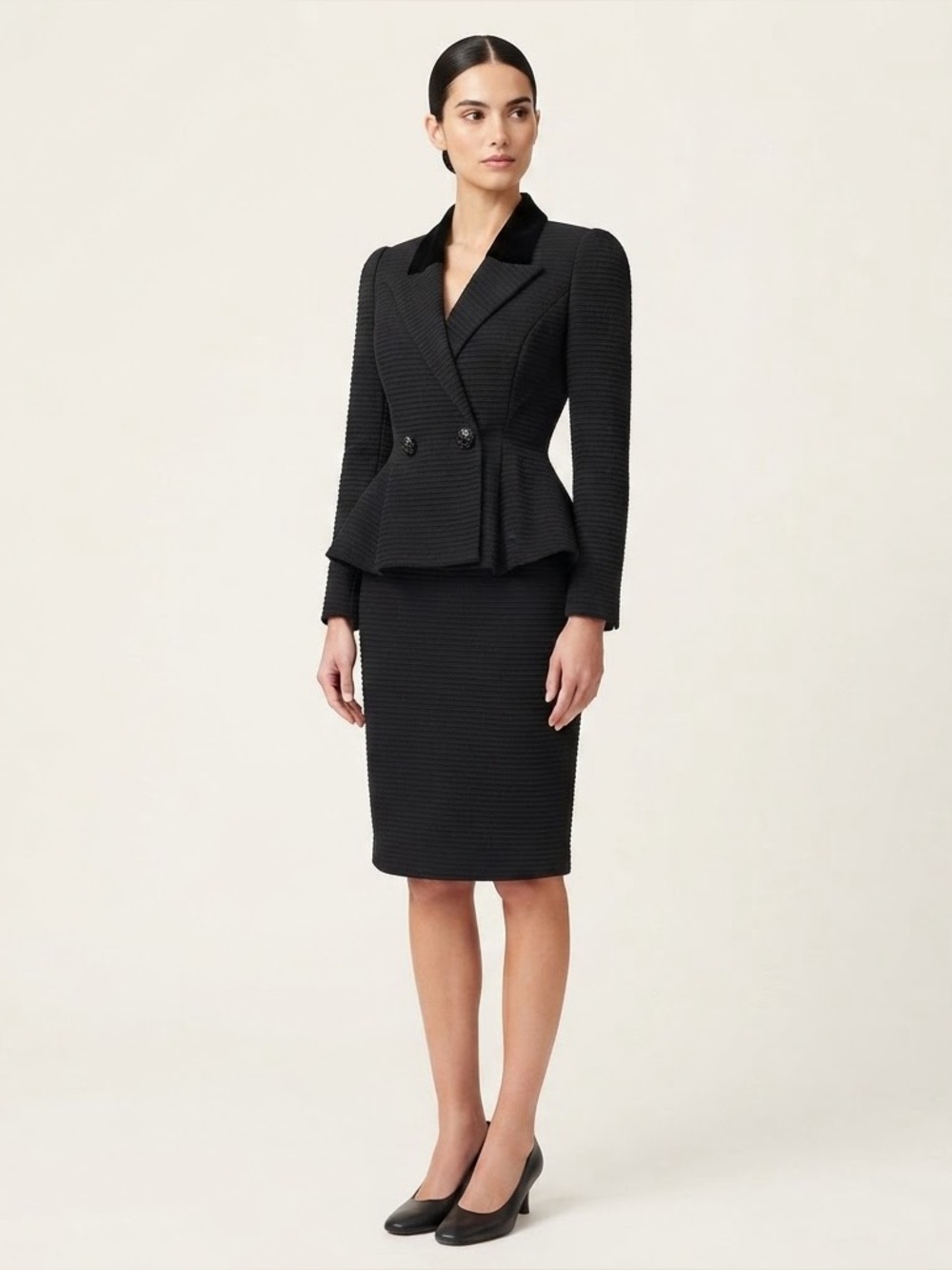 Vintage Lilian Fell Paris Skirt Suit 40 Black Peplum Velvet Made France